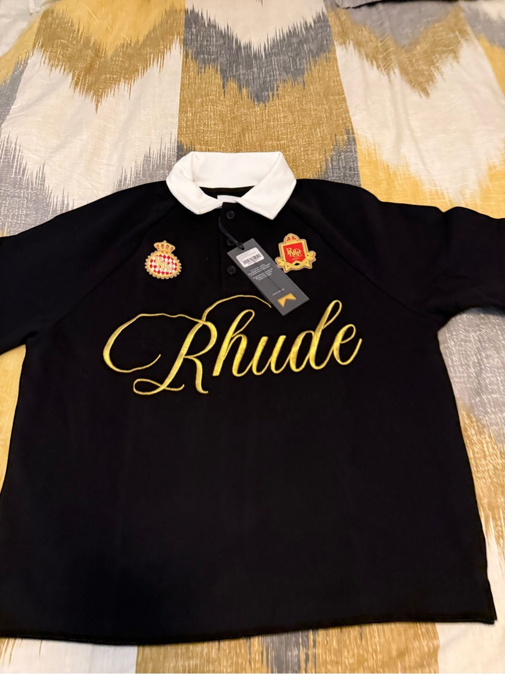 Rhude Men’s Black Polo Top with White Collar and Gold Embroidery